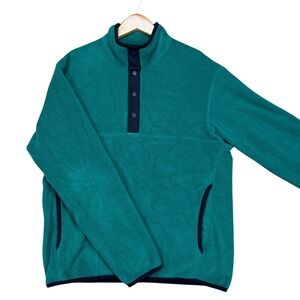 Uniqlo Pullover Mens XS Teal Green Long Sleeve Pockets Snap Closure Fleece EUC